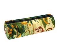 VAPOKF Cartoon Monkeys Banana Leather Barrel Pen Pencil Case Coin Purse Cosmetic Makeup Bag for Student Stationery School Office Storage