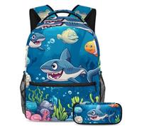 VAPOKF Cartoon Under Sea Shark Fish School Bag Set for Teen Girls Boys Kids, Student Bookbag Backpack Rucksack with Pencil Case for Primary Secondary Junior High School