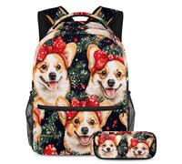 VAPOKF Christmas Corgi with Red Hairband School Bag Set for Teen Girls Boys Kids, Student Bookbag Backpack Rucksack with Pencil Case for Primary Secondary Junior High School