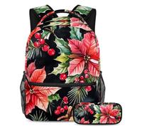 VAPOKF Christmas Poinsettia Flower Red Berry School Bag Set for Teen Girls Boys Kids, Student Bookbag Backpack Rucksack with Pencil Case for Primary Secondary Junior High School