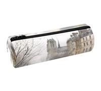 VAPOKF Cold Winter River Building Leather Barrel Pen Pencil Case Coin Purse Cosmetic Makeup Bag for Student Stationery School Office Storage