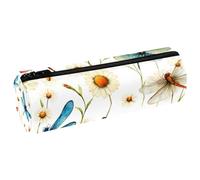 VAPOKF Colorful Dragonflies Chamomile Leather Barrel Pen Pencil Case Coin Purse Cosmetic Makeup Bag for Student Stationery School Office Storage