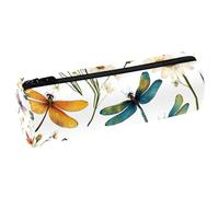 VAPOKF Colorful Dragonflies Leather Barrel Pen Pencil Case Coin Purse Cosmetic Makeup Bag for Student Stationery School Office Storage