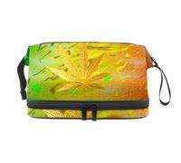 VAPOKF Colorful Golden Weed Leaf Cosmetic Bag for Women and Girls, Travel Toiletry Bag Makeup Handy Pouch Organizer Bag with Brush Compartment