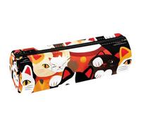 VAPOKF Colorful Maneki Neko Cats Leather Barrel Pen Pencil Case Coin Purse Cosmetic Makeup Bag for Student Stationery School Office Storage