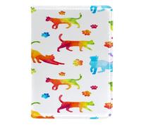 VAPOKF Colorful Rainbow Silhouettes of Cat and Paws Passport Holder Travel Wallet Leather Card Case Cover, 11.5x16.5cm