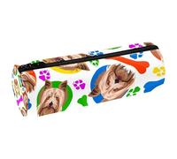 VAPOKF Colorful Yorkshire Terrier Dogs and Bones Pencil Cases, PU Leather Pen Bag Student Stationery Organiser Bag Makeup Pouch for Women Girls Boys Kids School Office Supplies