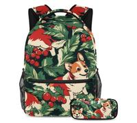 VAPOKF Corgi Dogs Red Berries Leaf School Bag Set for Teen Girls Boys Kids, Student Bookbag Backpack Rucksack with Pencil Case for Primary Secondary Junior High School
