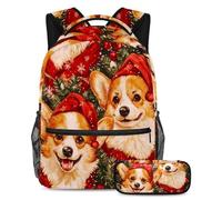 VAPOKF Corgi in Red Christmas Hats School Bag Set for Teen Girls Boys Kids, Student Bookbag Backpack Rucksack with Pencil Case for Primary Secondary Junior High School