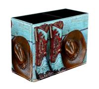 VAPOKF Cowboy Boots and Hat lean on Blue Rustic Wooden Pen Holder for Desk, 2 Compartments Pen Pot Pencil Holders Makeup Brushes Storage Desktop Stationary Supplies Organiser for Home Office
