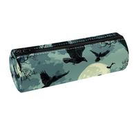 VAPOKF Crows Flying on Graveyard Leather Barrel Pen Pencil Case Coin Purse Cosmetic Makeup Bag for Student Stationery School Office Storage