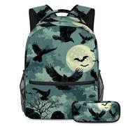 VAPOKF Crows Flying on Graveyard School Bag Set for Teen Girls Boys Kids, Student Bookbag Backpack Rucksack with Pencil Case for Primary Secondary Junior High School