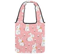 VAPOKF Cure Bunnies and Floral in Pink Canvas Tote Bags, Women's Shoulder Handbags, Large Reusable Carry Bag Shoulder Bag for School Work Office Travel Shopping Casual