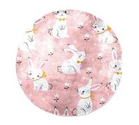 VAPOKF Cute Bunnies on Pink with Florals Fluffy Rugs for Living Room, Round Shaggy Rug Floor Carpet for Bedroom Kids Room Decor, 60 x 60 cm