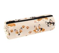 VAPOKF Cute Corgi Paw Footprints Leather Barrel Pen Pencil Case Coin Purse Cosmetic Makeup Bag for Student Stationery School Office Storage