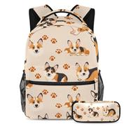 VAPOKF Cute Corgi Paw Footprints School Bag Set for Teen Girls Boys Kids, Student Bookbag Backpack Rucksack with Pencil Case for Primary Secondary Junior High School