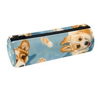 VAPOKF Cute Corgi Pawprints on Blue Leather Barrel Pen Pencil Case Coin Purse Cosmetic Makeup Bag for Student Stationery School Office Storage