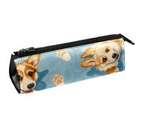 VAPOKF Cute Corgi Pawprints on Blue Pen Bag Stationery Pouch Pencil Bag Cosmetic Pouch Bag Compact Zipper Bag