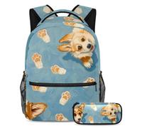 VAPOKF Cute Corgi Pawprints on Blue School Bag Set for Teen Girls Boys Kids, Student Bookbag Backpack Rucksack with Pencil Case for Primary Secondary Junior High School