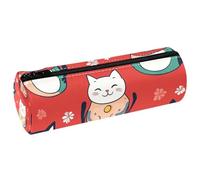 VAPOKF Cute Shaking Cat PU Leather Barrel Pen Pencil Case Coin Purse Cosmetic Makeup Bag for Student Stationery School Office Storage