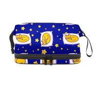 VAPOKF Cute Sleeping Ginger Car on White Pillow Cat Stars Pattern Cosmetic Bag for Women and Girls, Travel Toiletry Bag Makeup Handy Pouch Organizer Bag with Brush Compartment