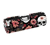 VAPOKF Daisies Dead Skull Print Pencil Cases, PU Leather Pen Bag Student Stationery Organiser Bag Makeup Pouch for Women Girls Boys Kids School Office Supplies