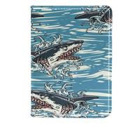 VAPOKF Dangerous Sharks on Waves Ocean Passport Holder Travel Wallet Leather Card Case Cover, 11.5x16.5cm