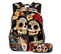 VAPOKF Day of The Dead Skeleton Couple School Bag Set for Teen Girls Boys Kids, Student Bookbag Backpack Rucksack with Pencil Case for Primary Secondary Junior High School