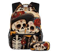 VAPOKF Day of The Dead Skull Skeleton Couple School Bag Set for Teen Girls Boys Kids, Student Bookbag Backpack Rucksack with Pencil Case for Primary Secondary Junior High School