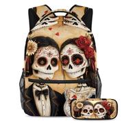 VAPOKF Day of The Dead Skull Skeleton School Bag Set for Teen Girls Boys Kids, Student Bookbag Backpack Rucksack with Pencil Case for Primary Secondary Junior High School