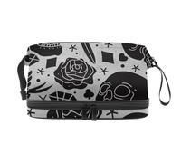 VAPOKF Day of The Dead Skulls Bird Rose Diamond Pattern Cosmetic Bag for Women and Girls, Travel Toiletry Bag Makeup Handy Pouch Organizer Bag with Brush Compartment