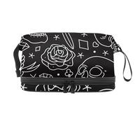 VAPOKF Day of The Dead Skulls Bird Rose Pattern Cosmetic Bag for Women and Girls, Travel Toiletry Bag Makeup Handy Pouch Organizer Bag with Brush Compartment