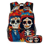 VAPOKF Day of The Skulls Couple School Bag Set for Teen Girls Boys Kids, Student Bookbag Backpack Rucksack with Pencil Case for Primary Secondary Junior High School
