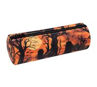 VAPOKF Dead Tree Graves Full Moon Print Pencil Cases, PU Leather Pen Bag Student Stationery Organiser Bag Makeup Pouch for Women Girls Boys Kids School Office Supplies