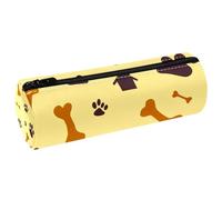VAPOKF Dog Bones Pawprints House Silhouette Leather Barrel Pen Pencil Case Coin Purse Cosmetic Makeup Bag for Student Stationery School Office Storage