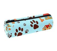 VAPOKF Dog Paw Prints Bones Houses Leather Barrel Pen Pencil Case Coin Purse Cosmetic Makeup Bag for Student Stationery School Office Storage