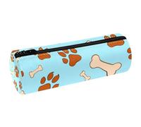 VAPOKF Dog Pawprints and Bones Leather Barrel Pen Pencil Case Coin Purse Cosmetic Makeup Bag for Student Stationery School Office Storage