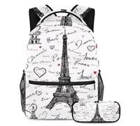 VAPOKF Drawing Paris Eiffer Tower Love Hearts School Bag Set for Teen Girls Boys Kids, Student Bookbag Backpack Rucksack with Pencil Case for Primary Secondary Junior High School