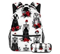 VAPOKF Dressed Skeleton Bride and Groom School Bag Set for Teen Girls Boys Kids, Student Bookbag Backpack Rucksack with Pencil Case for Primary Secondary Junior High School