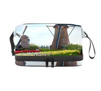 VAPOKF Dutch Windmill with Tulips Cosmetic Bag for Women and Girls, Travel Toiletry Bag Makeup Handy Pouch Organizer Bag with Brush Compartment