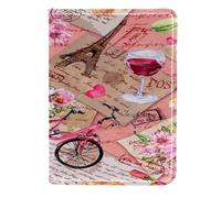 VAPOKF Eiffel Tower Bicycle Wine on Aged Paper Passport Holder Travel Wallet Leather Card Case Cover, 11.5x16.5cm
