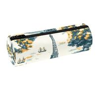 VAPOKF Eiffel Tower City Trees Leather Barrel Pen Pencil Case Coin Purse Cosmetic Makeup Bag for Student Stationery School Office Storage