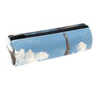 VAPOKF Eiffel Tower River Seine Blue Sky Leather Barrel Pen Pencil Case Coin Purse Cosmetic Makeup Bag for Student Stationery School Office Storage