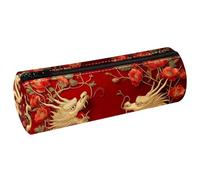 VAPOKF Embroidery Red Poppies Gold Dragons Prints Print Pencil Cases, PU Leather Pen Bag Student Stationery Organiser Bag Makeup Pouch for Women Girls Boys Kids School Office Supplies