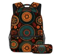 VAPOKF Ethnic Floral Circle Pattern School Bag Set for Teen Girls Boys Kids, Student Bookbag Backpack Rucksack with Pencil Case for Primary Secondary Junior High School