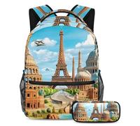 VAPOKF Europe Travel Architecture School Bag Set for Teen Girls Boys Kids, Student Bookbag Backpack Rucksack with Pencil Case for Primary Secondary Junior High School