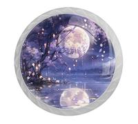 VAPOKF Falling Cherry Blossoms Moon Cabinet Knobs, Premium Door Drawer Knobs, White Round Cupboard Handles with Screws, for Kitchen Bedroom Furniture - Pack of 4