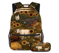 VAPOKF Farm Animals on Sunflowers Field School Bag Set for Teen Girls Boys Kids, Student Bookbag Backpack Rucksack with Pencil Case for Primary Secondary Junior High School