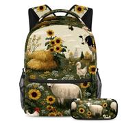 VAPOKF Farm Animals Sunflower on Grassland School Bag Set for Teen Girls Boys Kids, Student Bookbag Backpack Rucksack with Pencil Case for Primary Secondary Junior High School