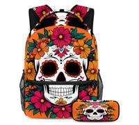 VAPOKF Flowers Dead Sugar Skull School Bag Set for Teen Girls Boys Kids, Student Bookbag Backpack Rucksack with Pencil Case for Primary Secondary Junior High School